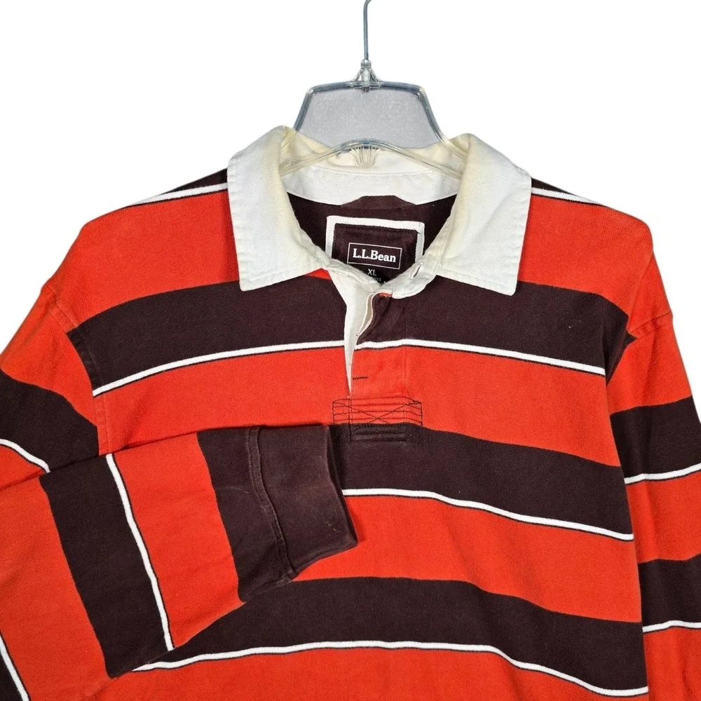 LL Bean Rugby Shirt Mens XL Striped Orange Brown Long Sleeve Cotton Fall Autumn